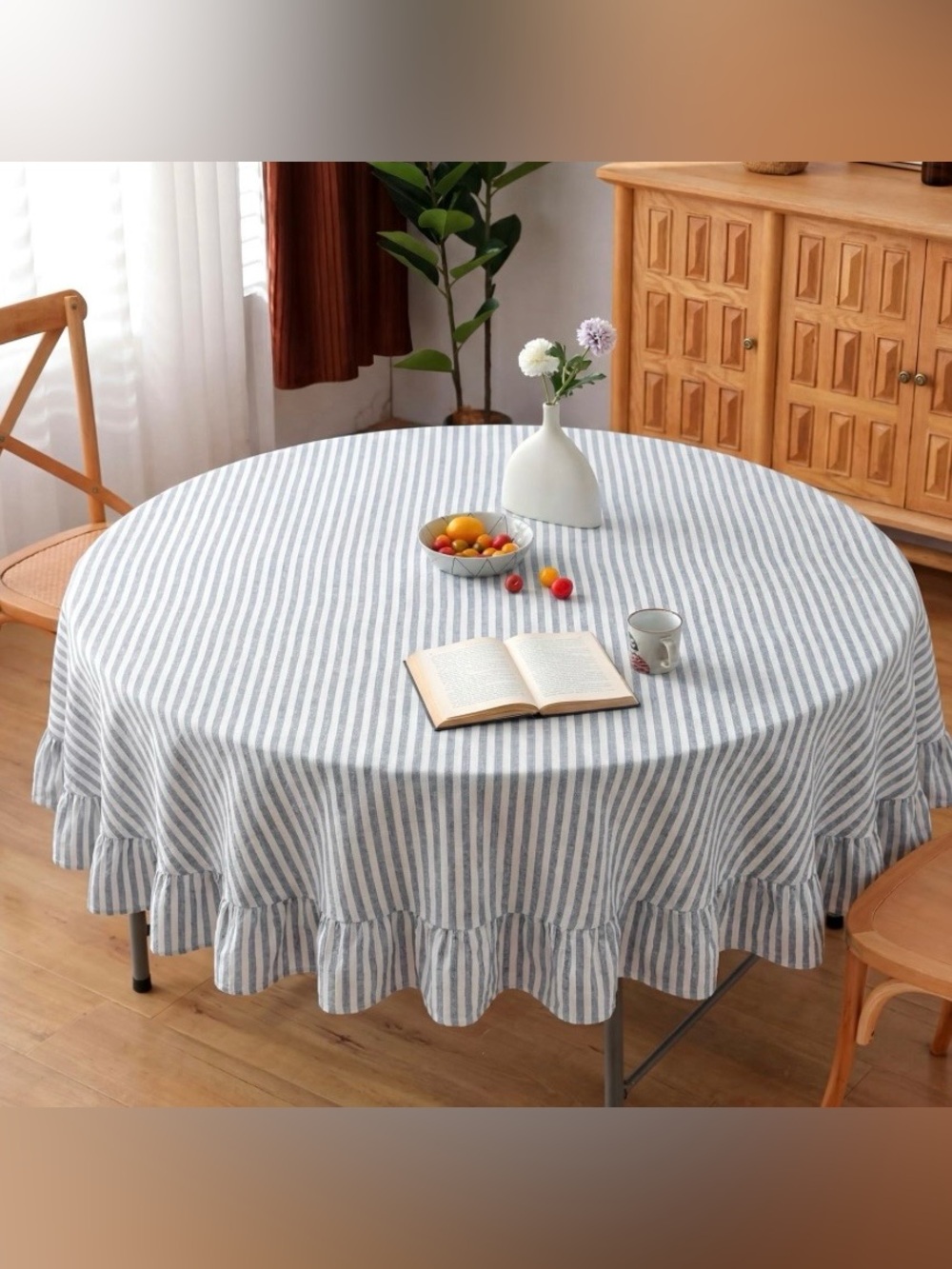 Farmhouse Striped Tablecloth with Ruffle Trim 100% Cotton 60”
Round - BLUE WHITE